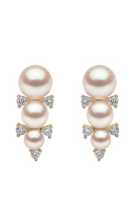 Sleek Stack Earrings, 18k Yellow Gold with Akoya Pearls & Diamonds